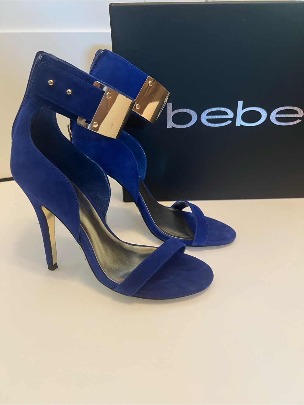 bebe Cobalt Blue Suede Stiletto Sandals with Gold Plate Ankle Strap